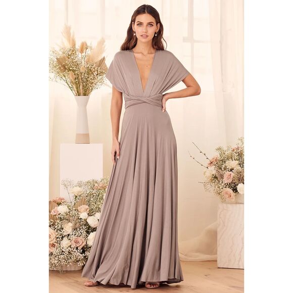 Lulus Tricks of the Trade Taupe Medium Convertible Wrap Maxi Dress Bridesmaid - Picture 1 of 5